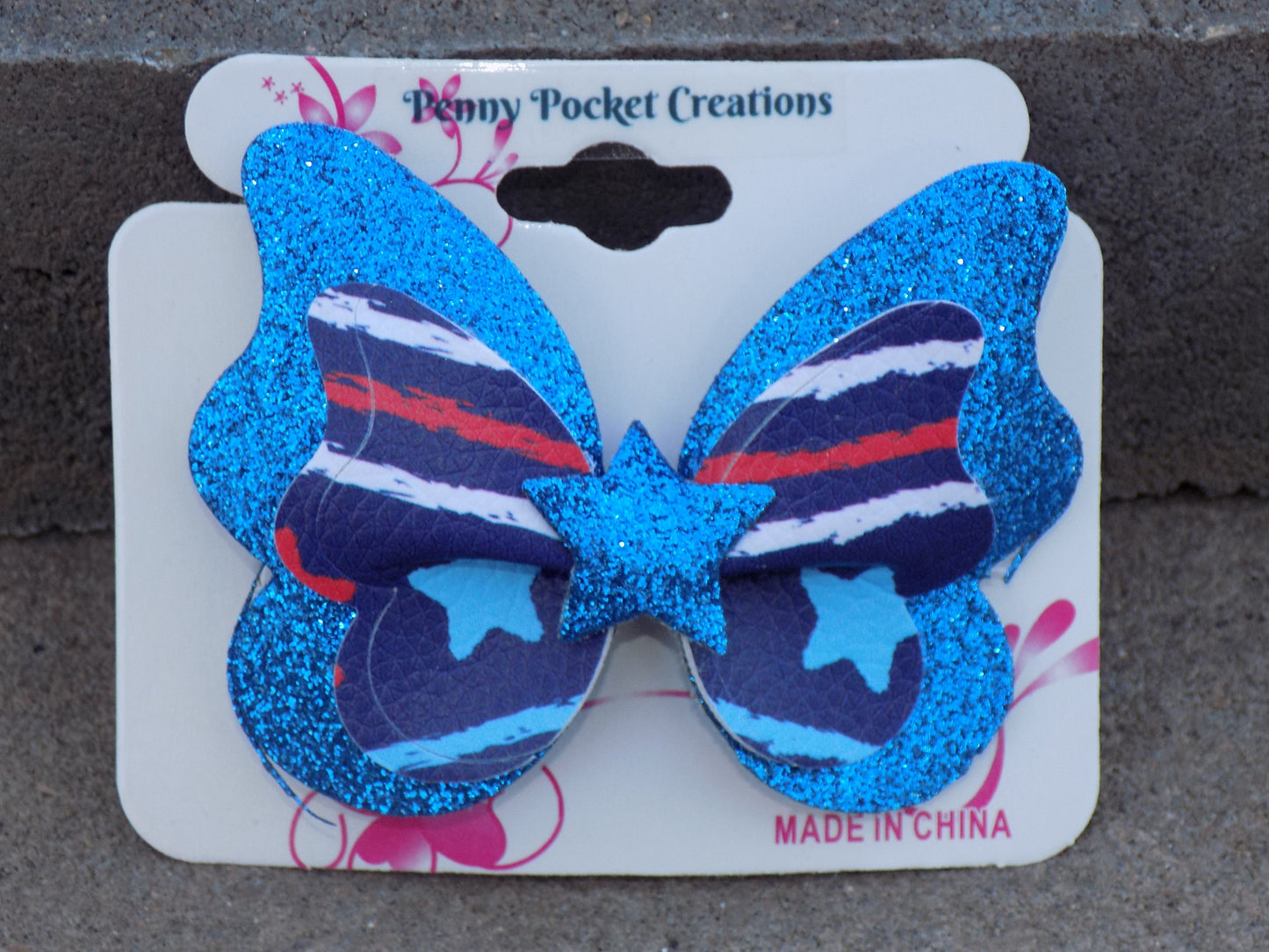 Patriotic Synthetic Leather Hair Bows Lg Single Butterfly Blue Glitter Star center