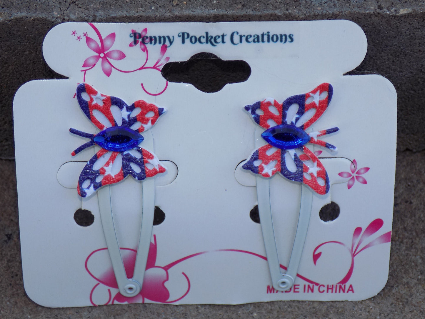 Patriotic Synthetic Leather Mini Butterfly Hair Clip RWB Pattern White background