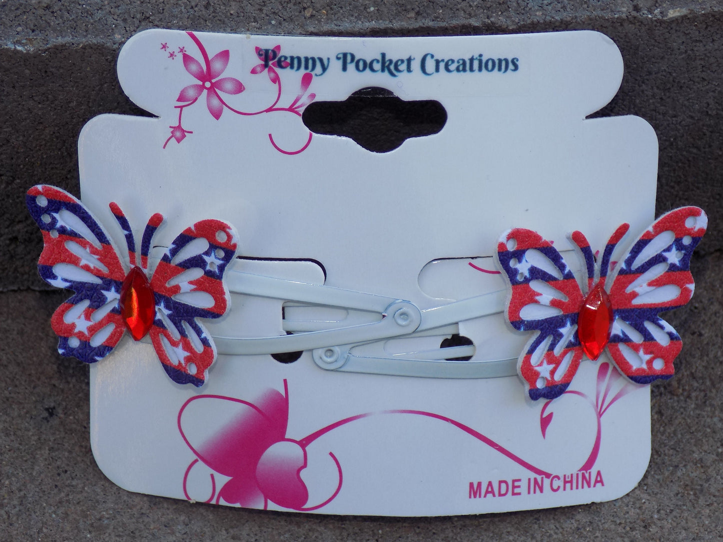 Patriotic Synthetic Leather Small Butterfly Hair Clip White Background Red Center