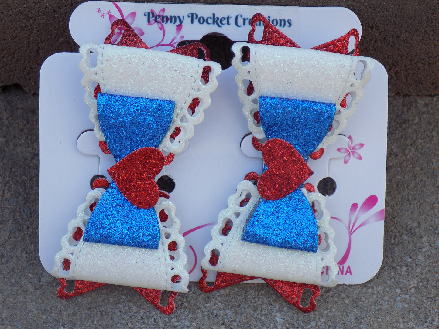 Patriotic Synthetic Leather Hair Bows 3-Layer Lace-Edge Glitter Red White Bllue
