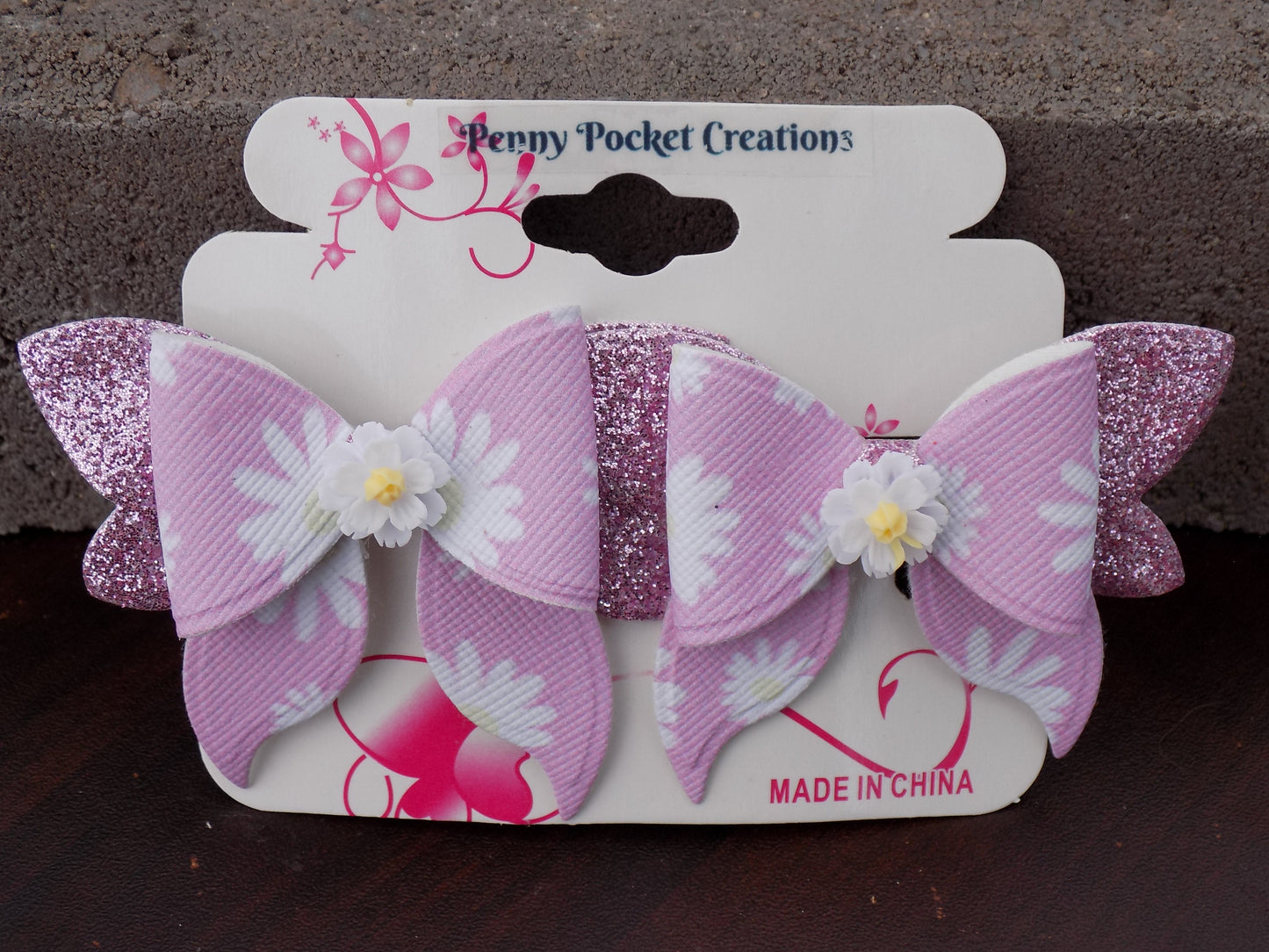 Daisy Print Small Single Bow Hang Tail Glitter Back Hair Bows Resin Center Silver Barrette