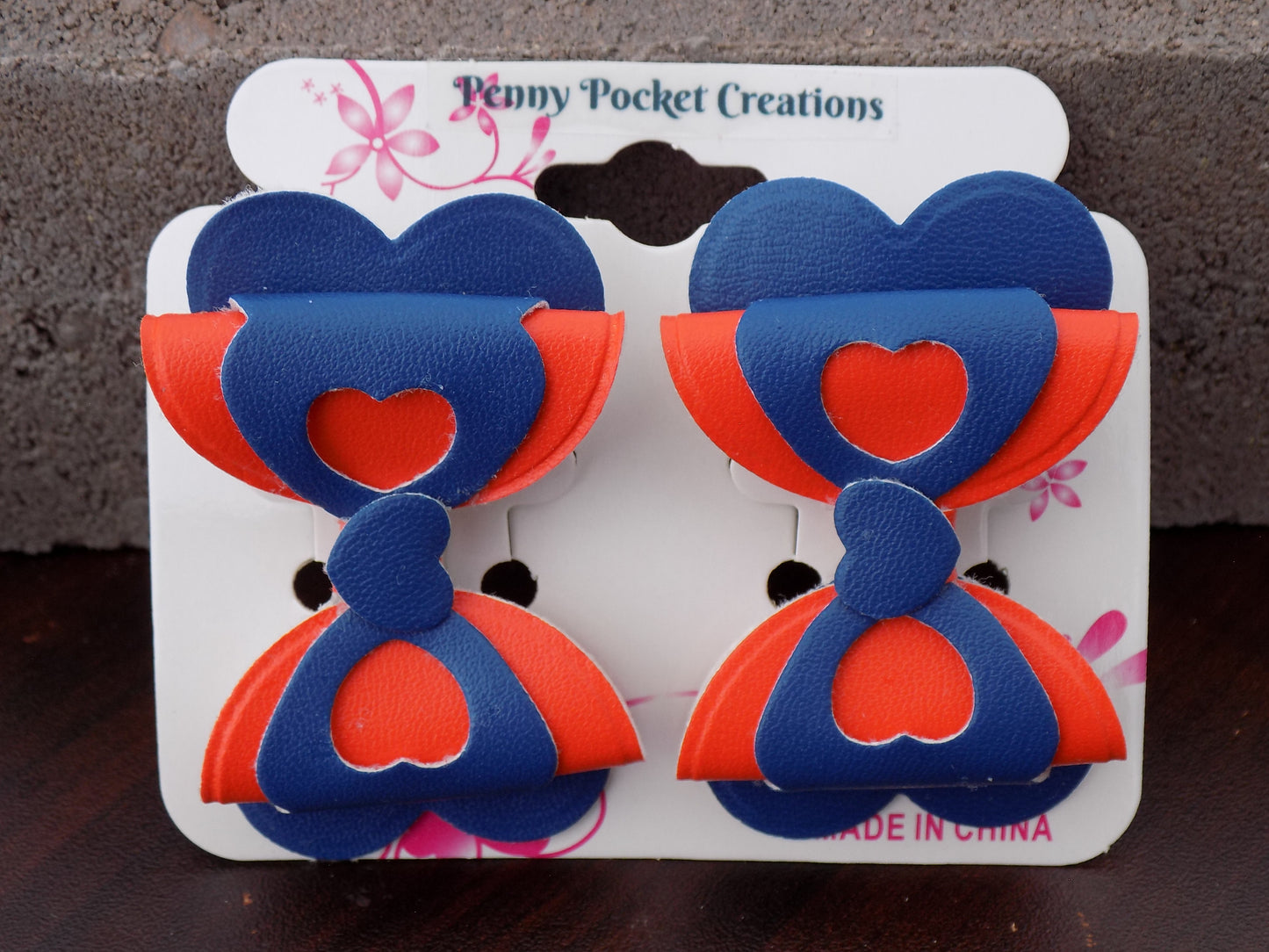 Leather 2-Layer Heart Cut-Out Hair Bow Heart-shape Back Orange/Blue