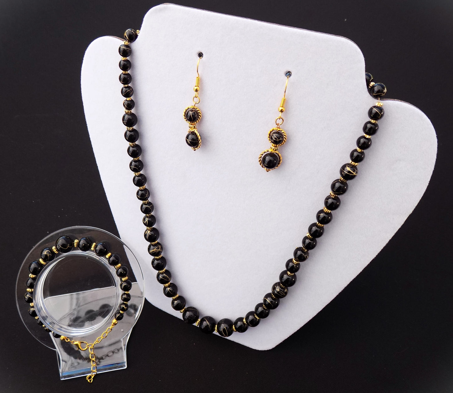Black Agate Natural Stone Beads Jewelry Set - Four Piece
