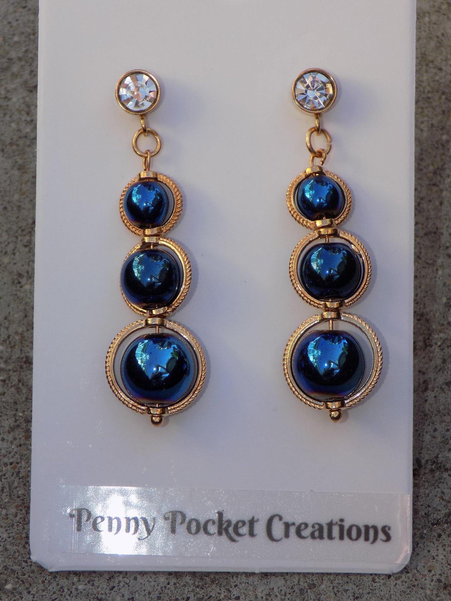Blue-Plated Hematite Framed Beads Rhinestone Dangle Earrings