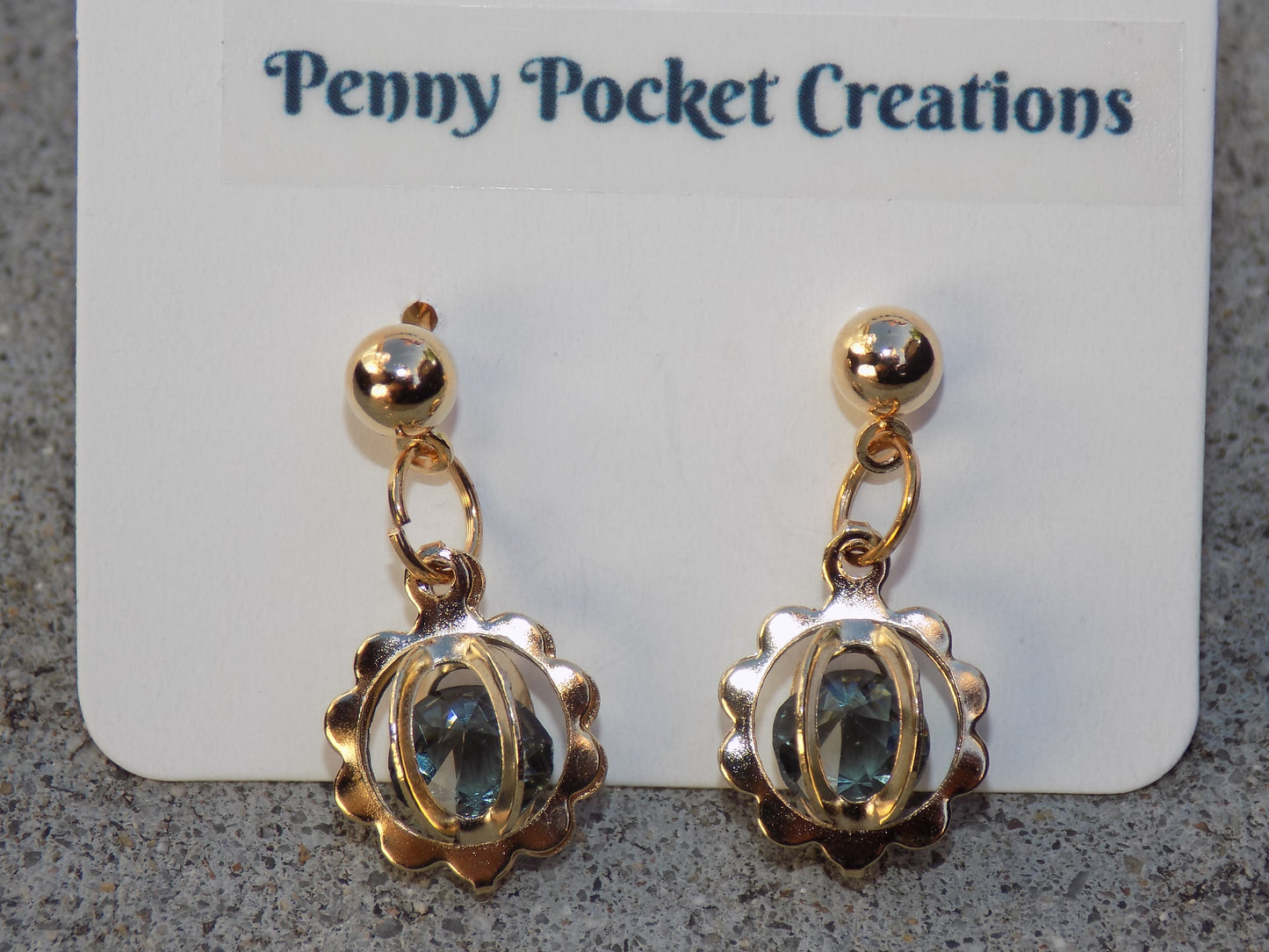 Golden 3D Flower Shaped Gem Frame Ball Post Drop Earrings