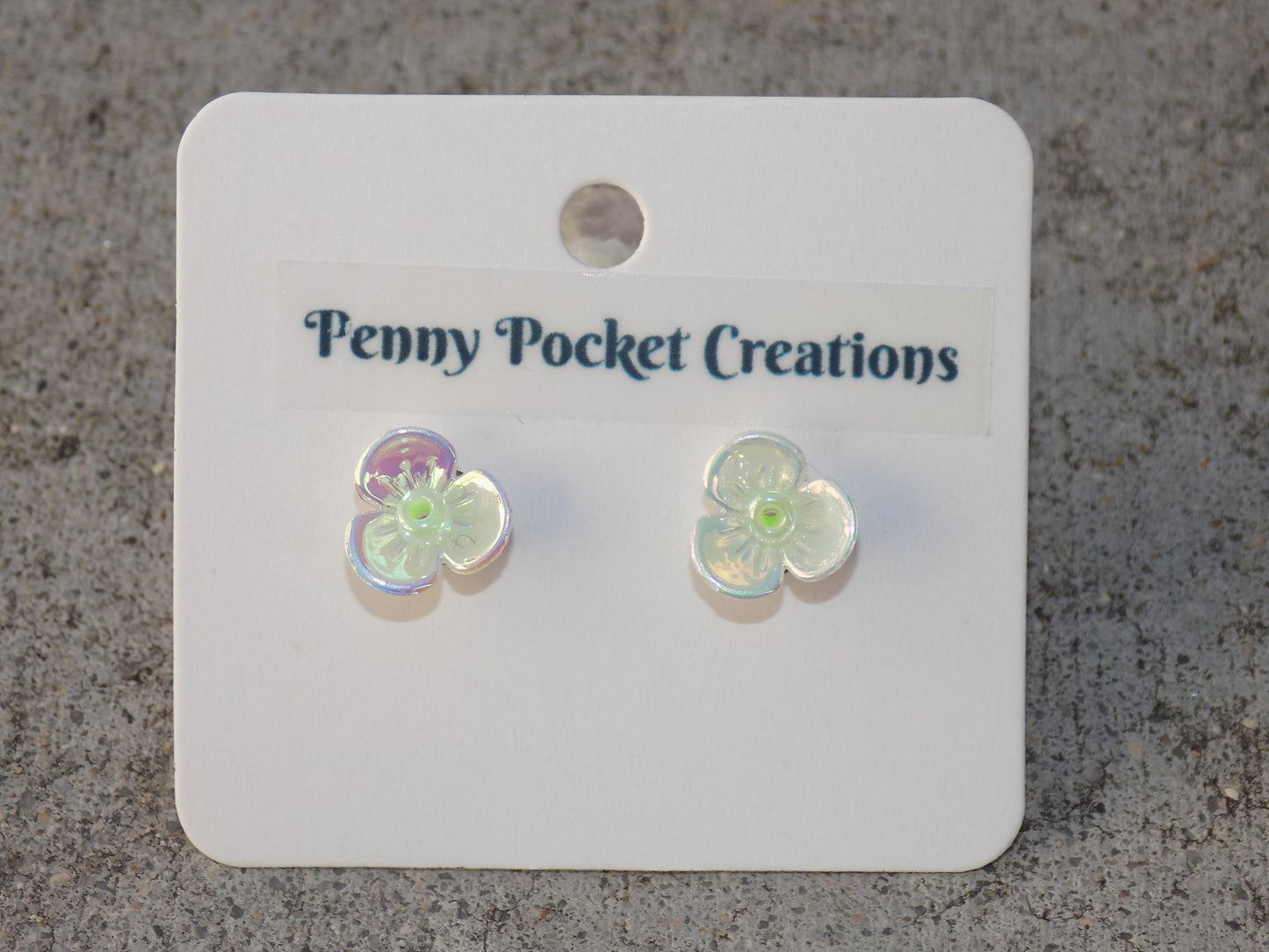 White Rainbow Shimmer 3-Petal Flower 2mm Bead Center Stainless Steel Post Earrings
