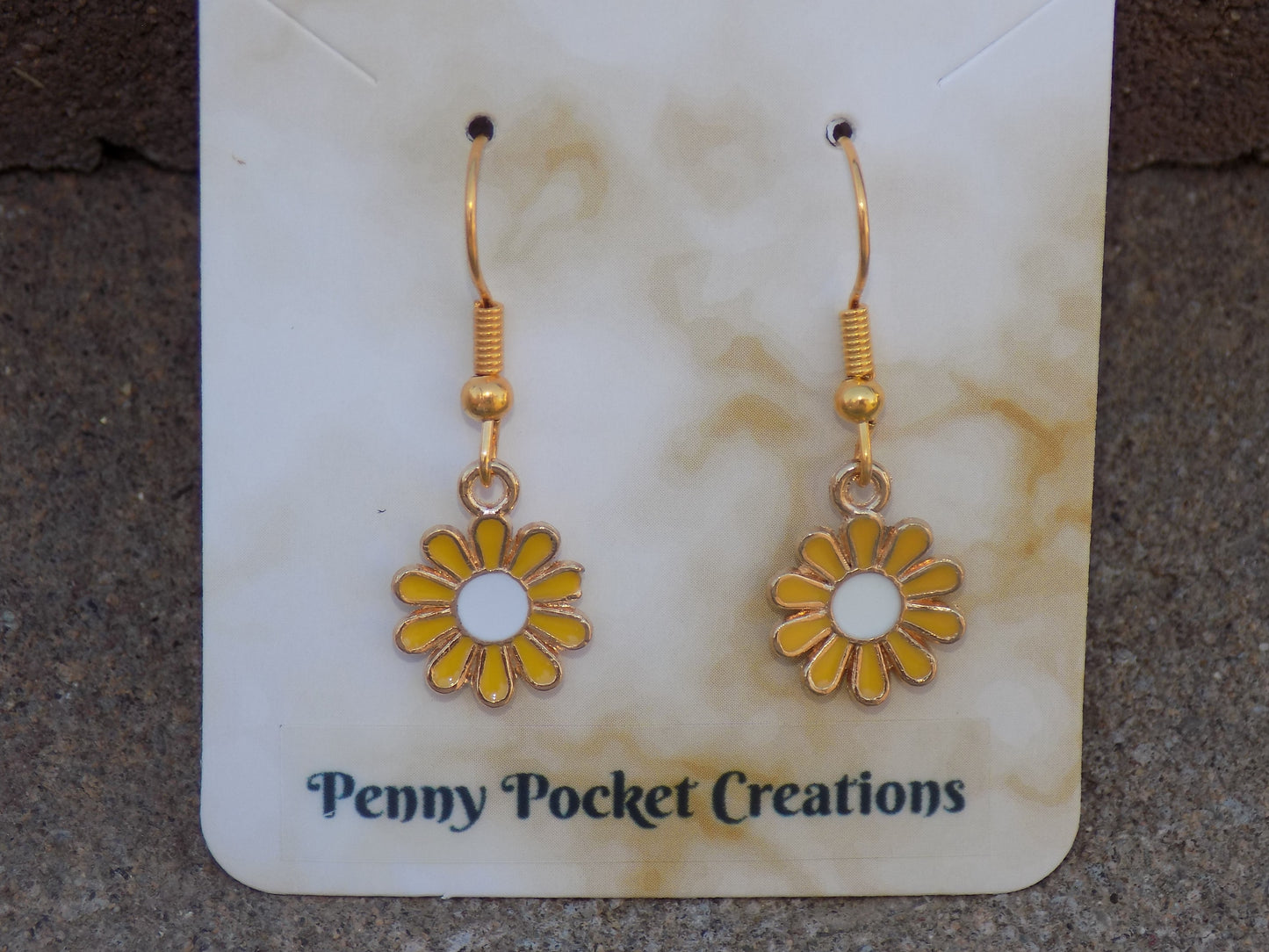 Enamel Golden Daisy Large Center Flower Dangle Hook Earrings