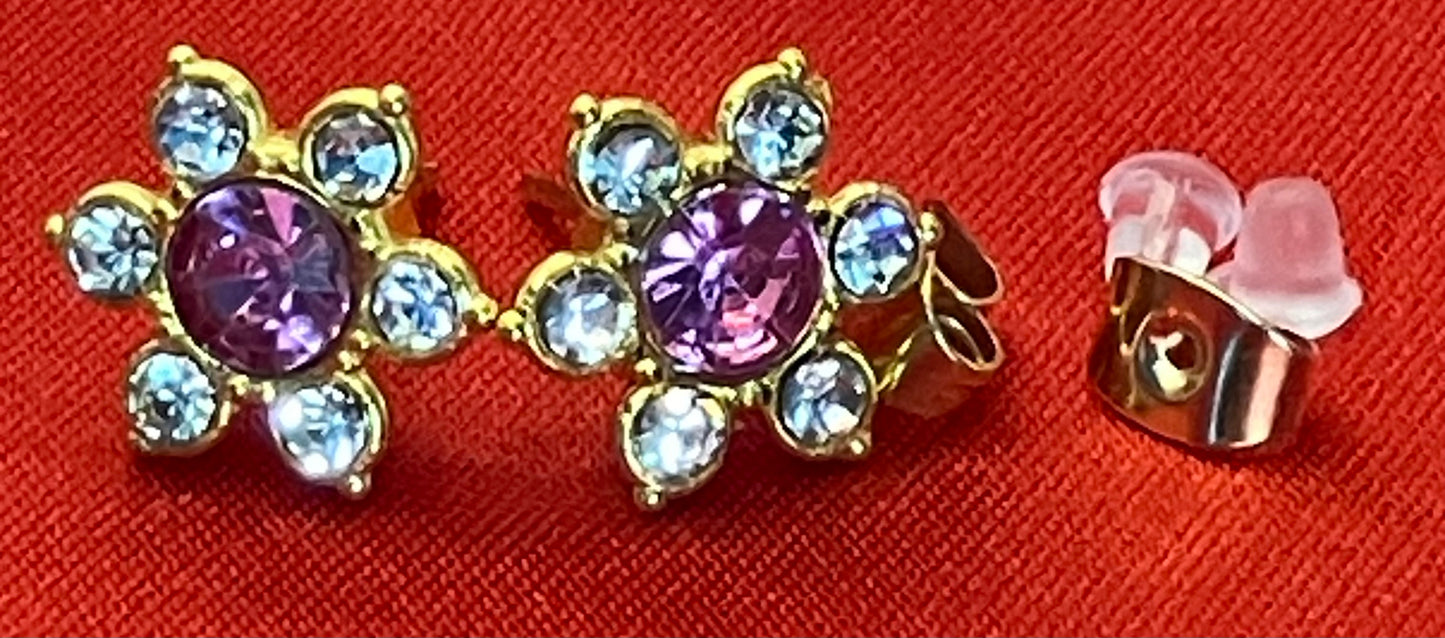 Earrings Golden 5 Petal Rhinestone Flower Center Gem in 11 Colors