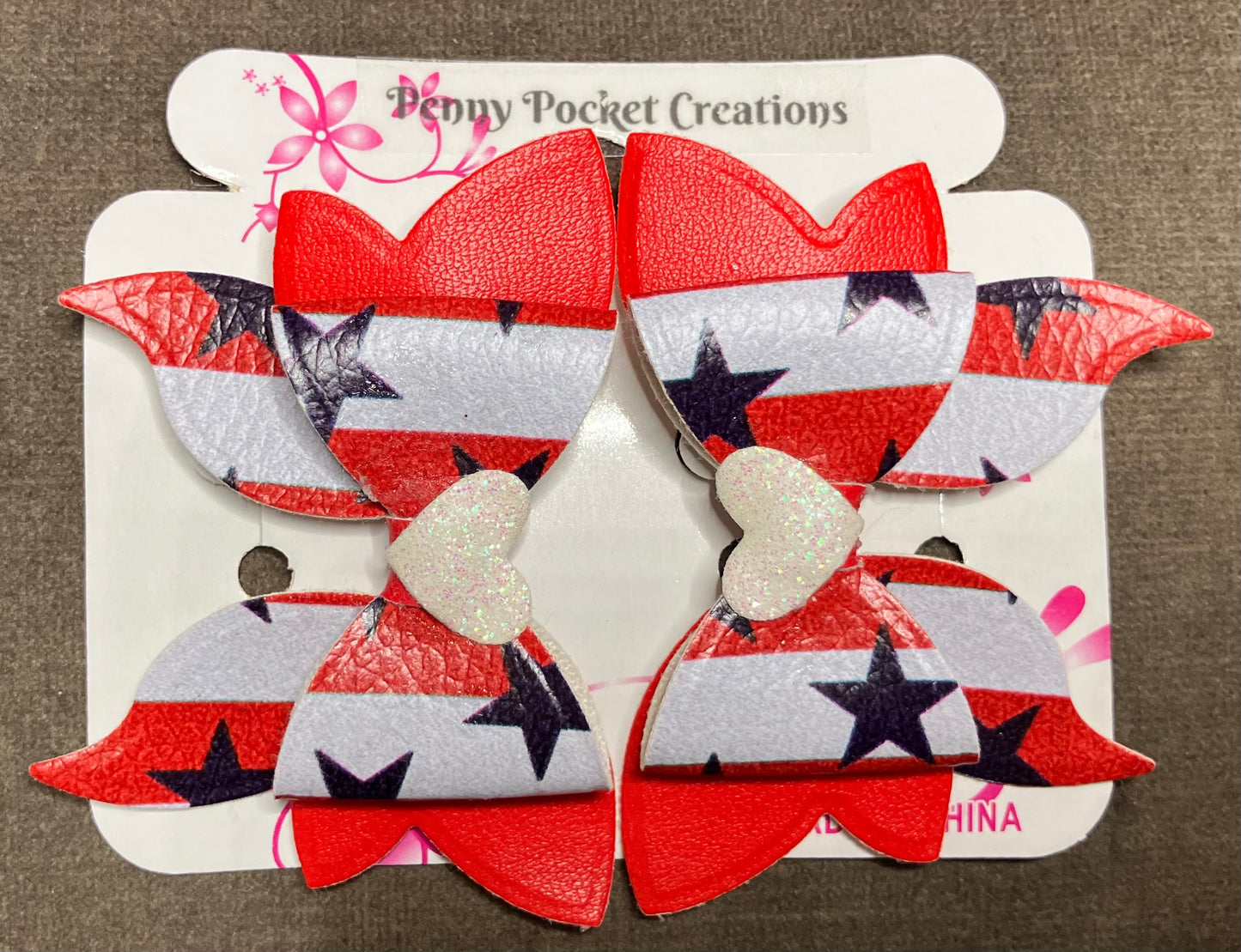 Patriotic Synthetic Leather Hair Bows Med 3-Layer Wings Curve Tail, 3 options