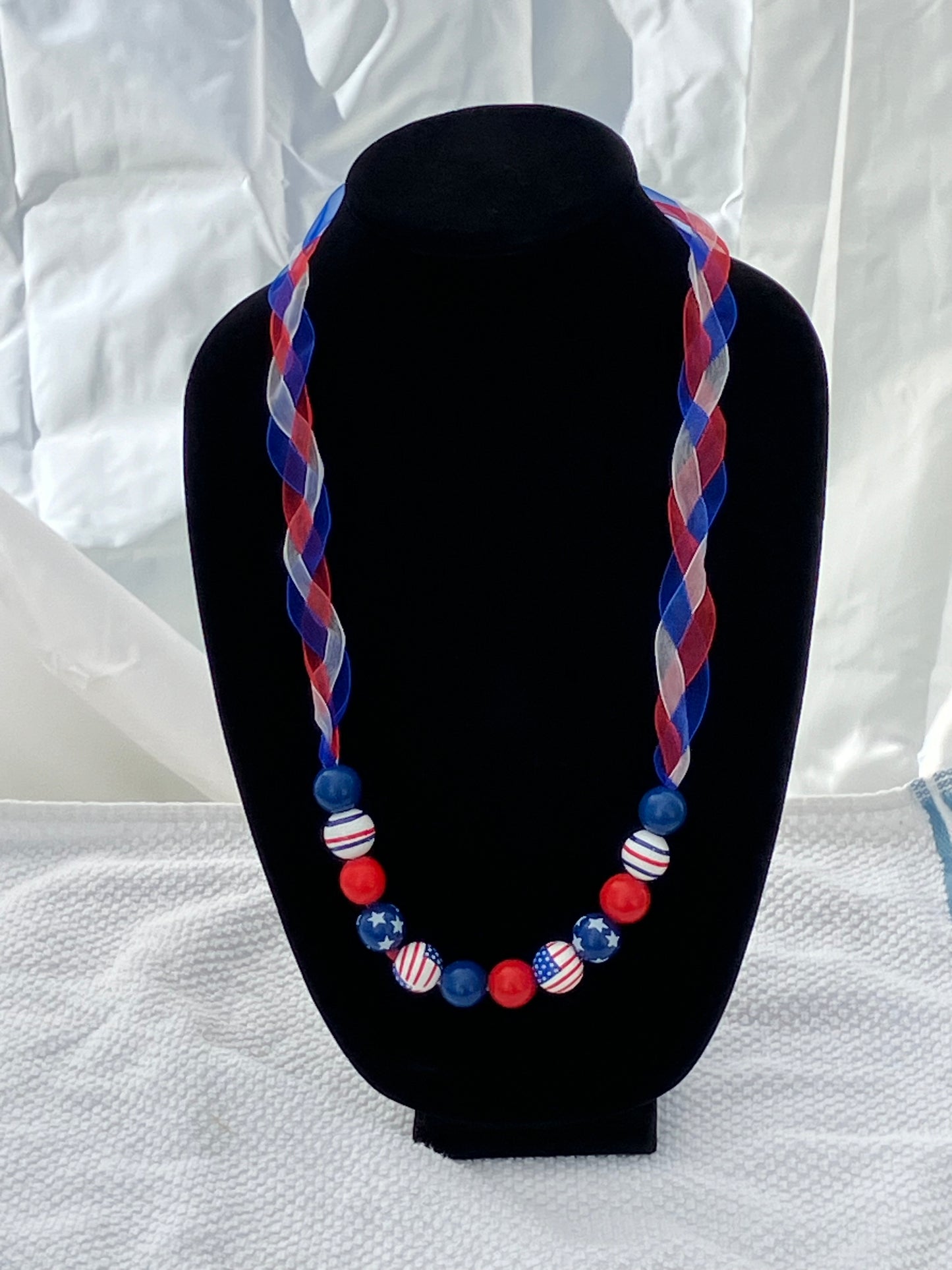 Patriotic Necklace Wooden Beads, Loose Braided Organza Ribbon 28+2”