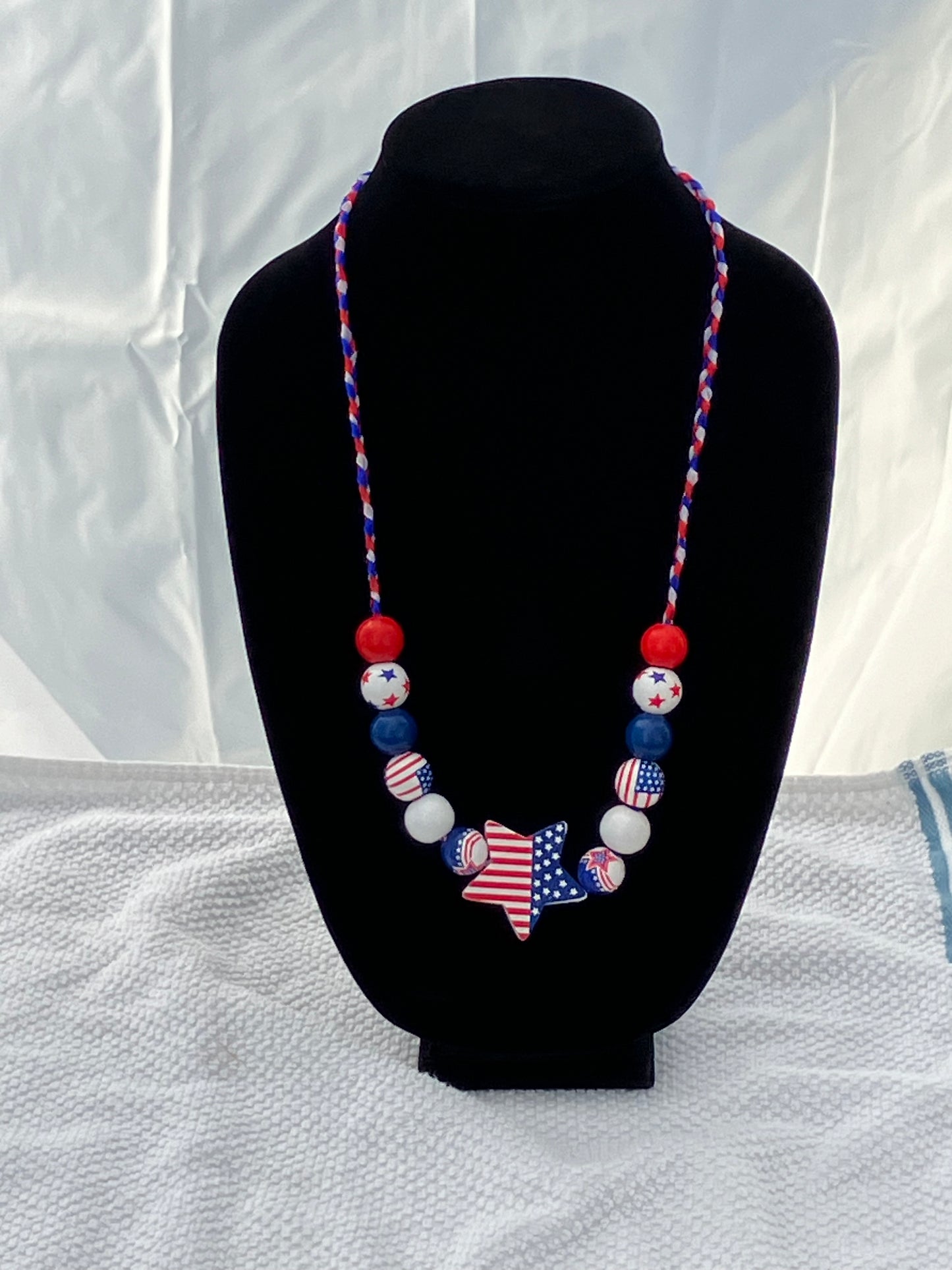 Patriotic Necklace 13 Wooden Beads Braided Organza Ribbon 28+2”