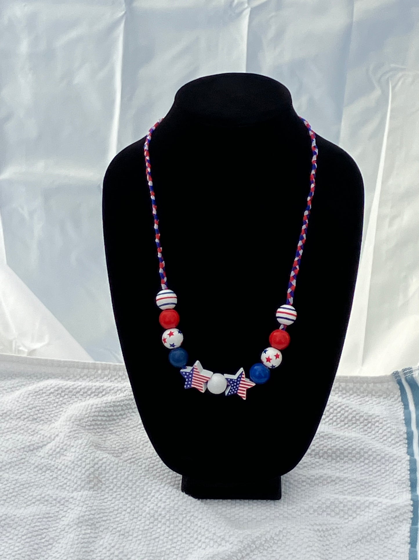 Patriotic Necklace 11 Wooden Beads Braided Organza Ribbon 27+2”