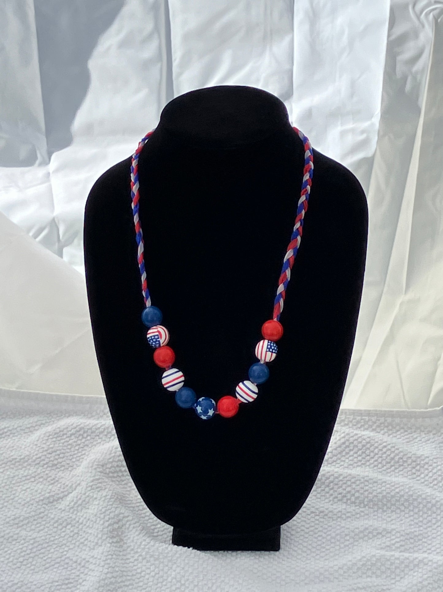 Patriotic Necklace 11 Wooden Beads Braided Organza Ribbon 24+2”