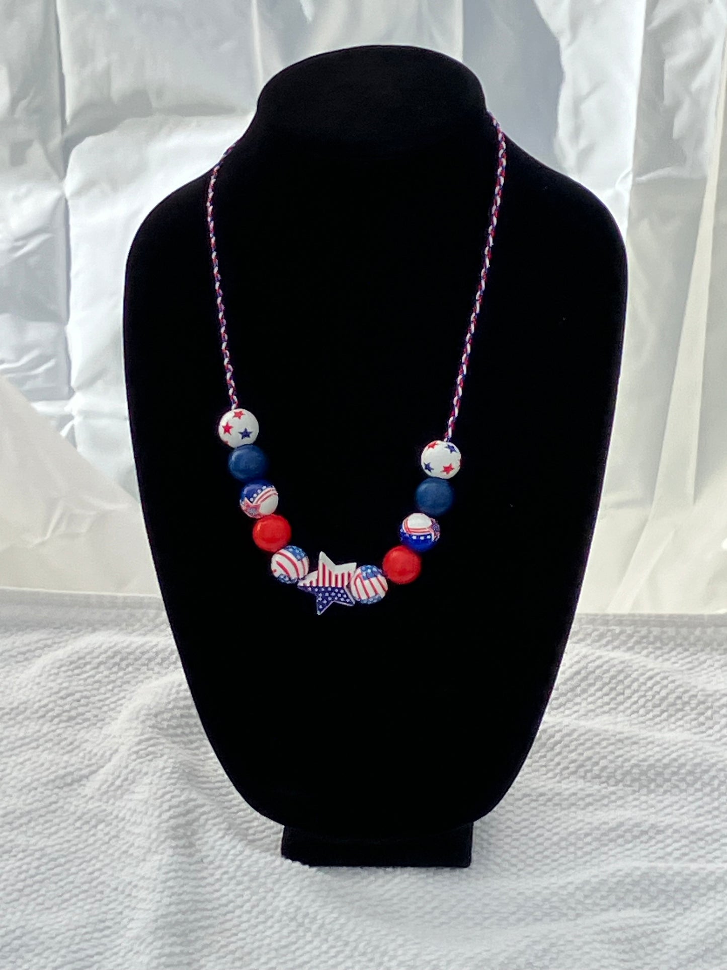 Patriotic Necklace 11 Wooden Beads Braided Cord 24.5”