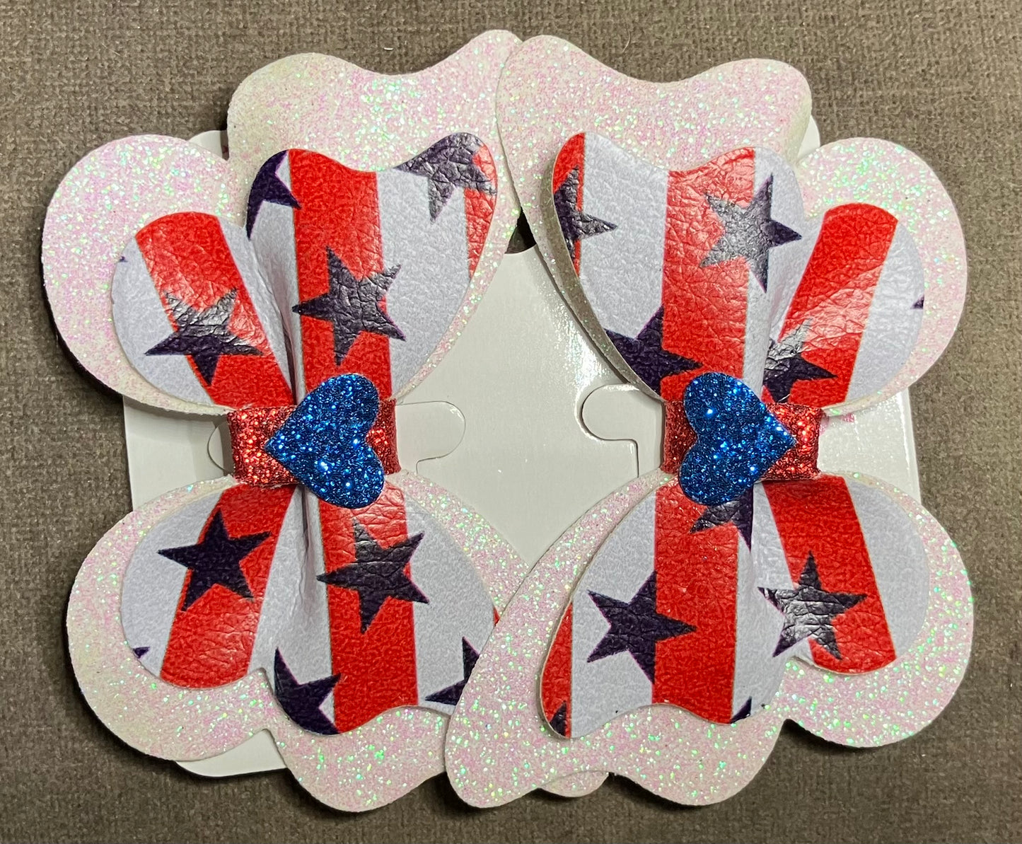 Patriotic Synthetic Leather Hair Bows Lg Butterfly White Glitter Blue Heart center