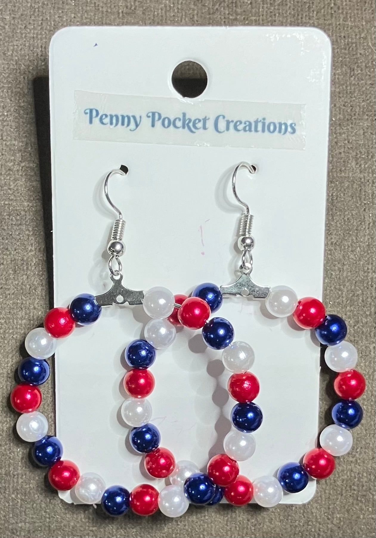 Patriotic Earring Large Hoop Red/White/Blue Faux Pearls Silvery Ear Hooks