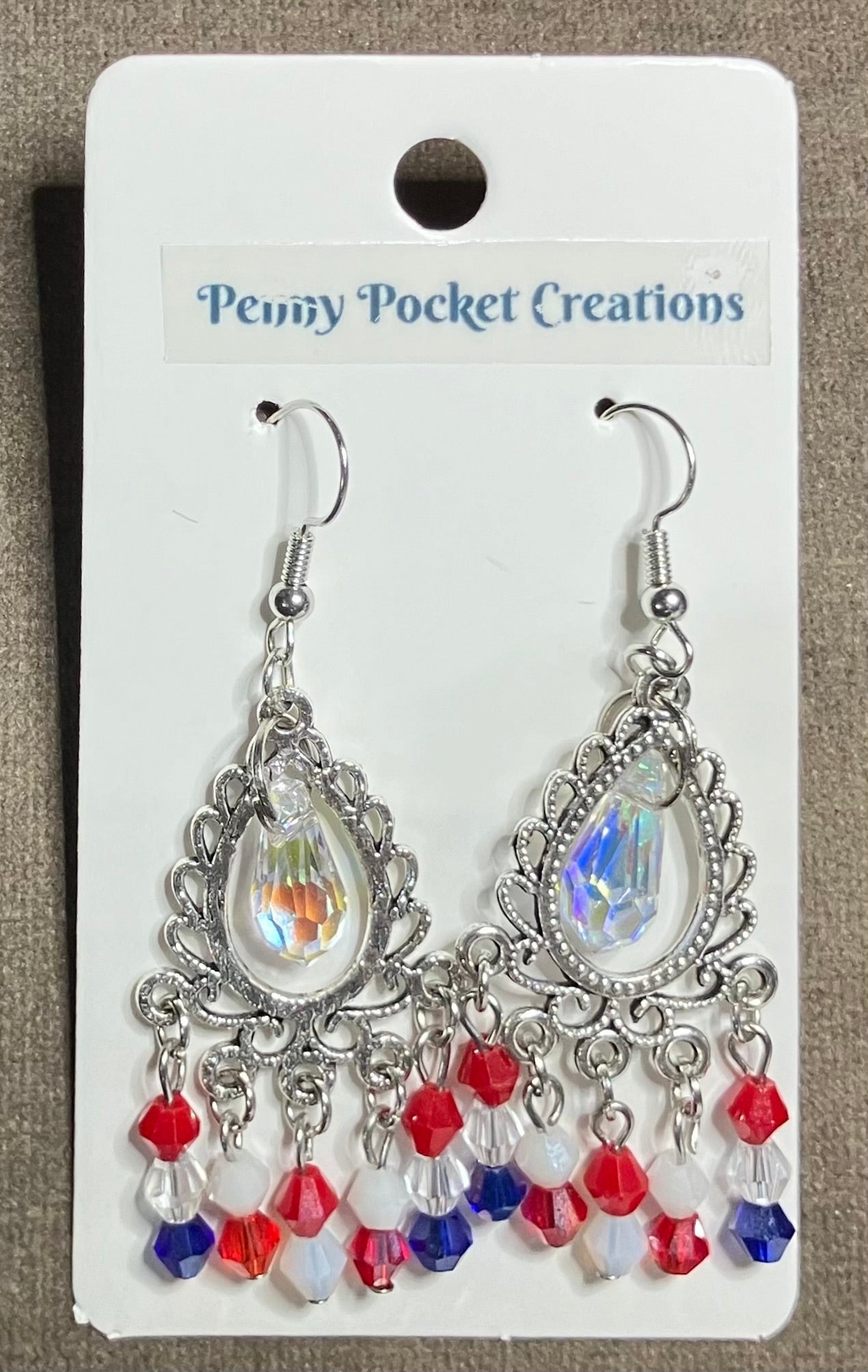 Patriotic Dangle Earrings Hollow Teardrop Charm Crystal Inset RWB Bicone