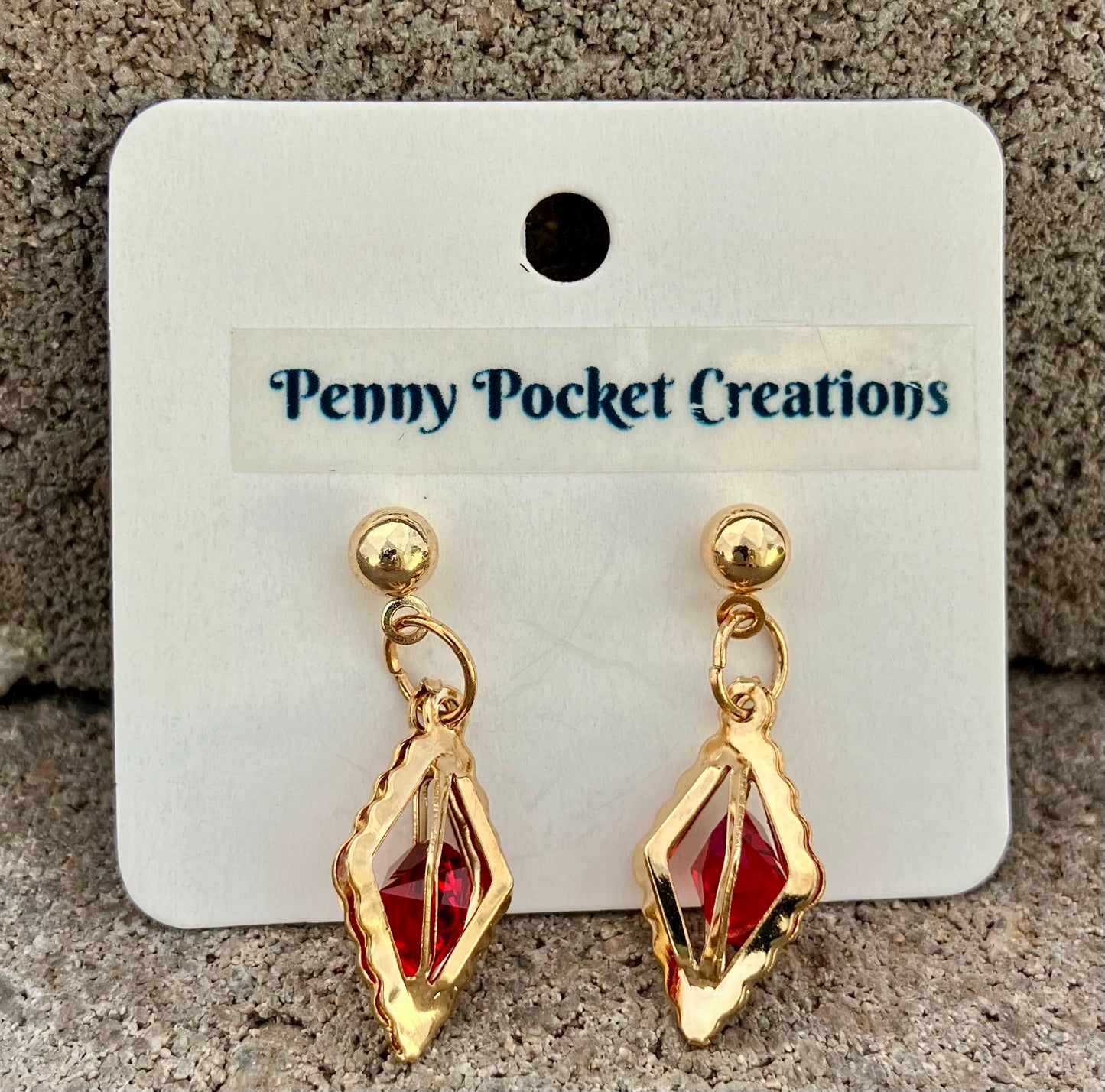 Golden 3D Diamond Shaped Gem Frame Ball Post Drop Earrings