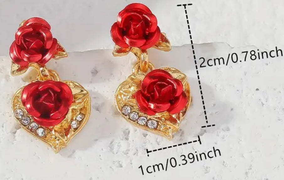 Drop Earring Rose on Post Dangling Golden Heart Rhinestones Red Rose