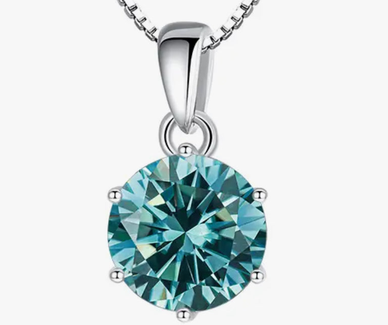 Moissanite 1 Carat Bue-Green Lab-Grown Gem Pendant 925 Sterling Silver Golden Necklace