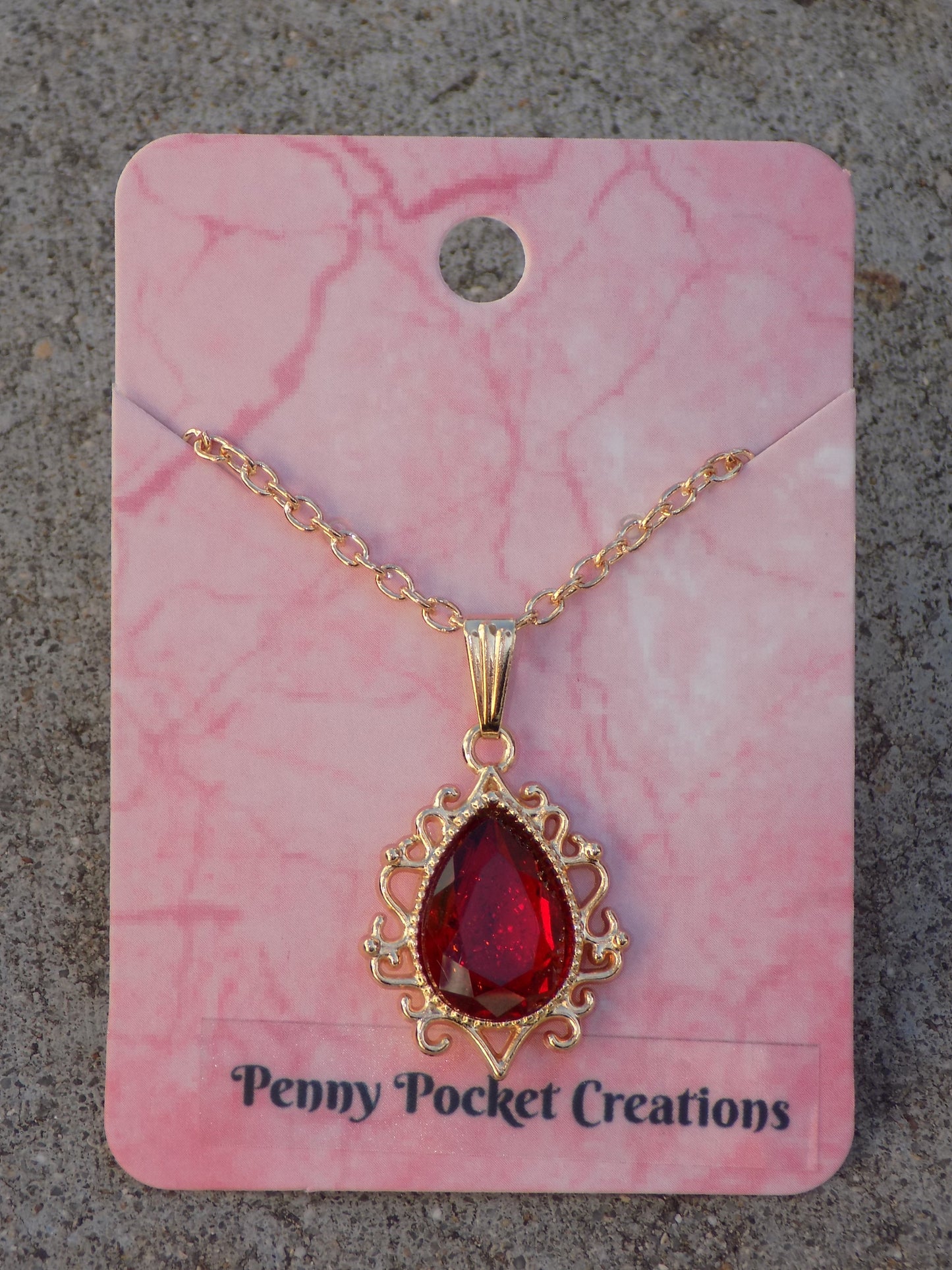 Golden Necklace Translucent Color Teardrop Faux Crystal in Filigree Frame