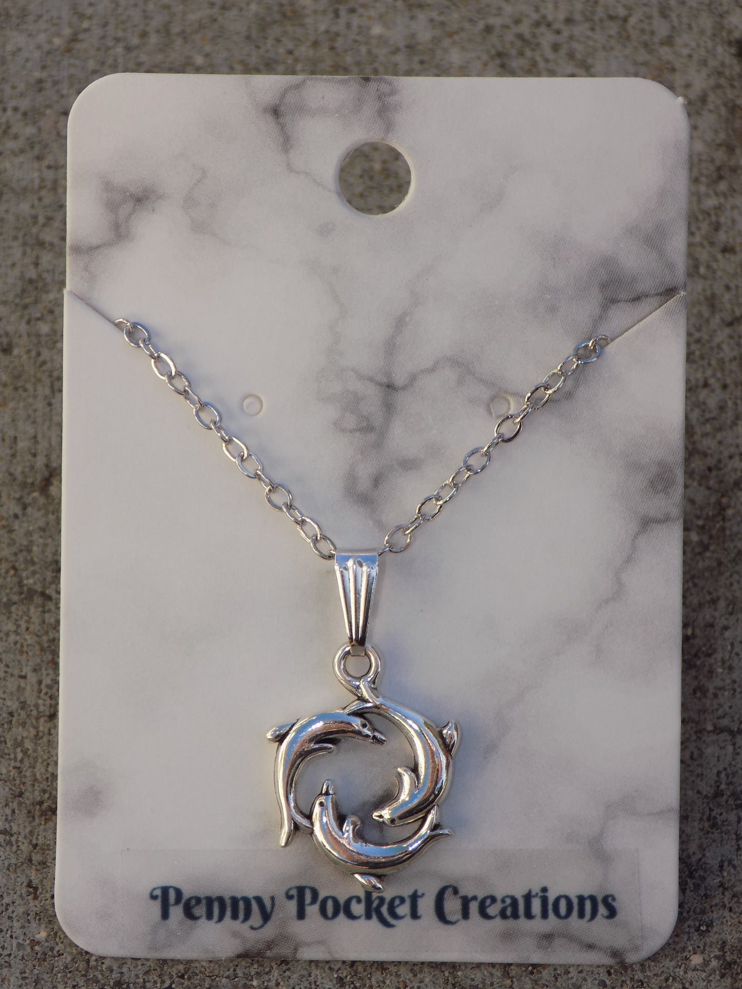 Silver Plated 16mm Triple Dolphin Circle Pendant Necklace