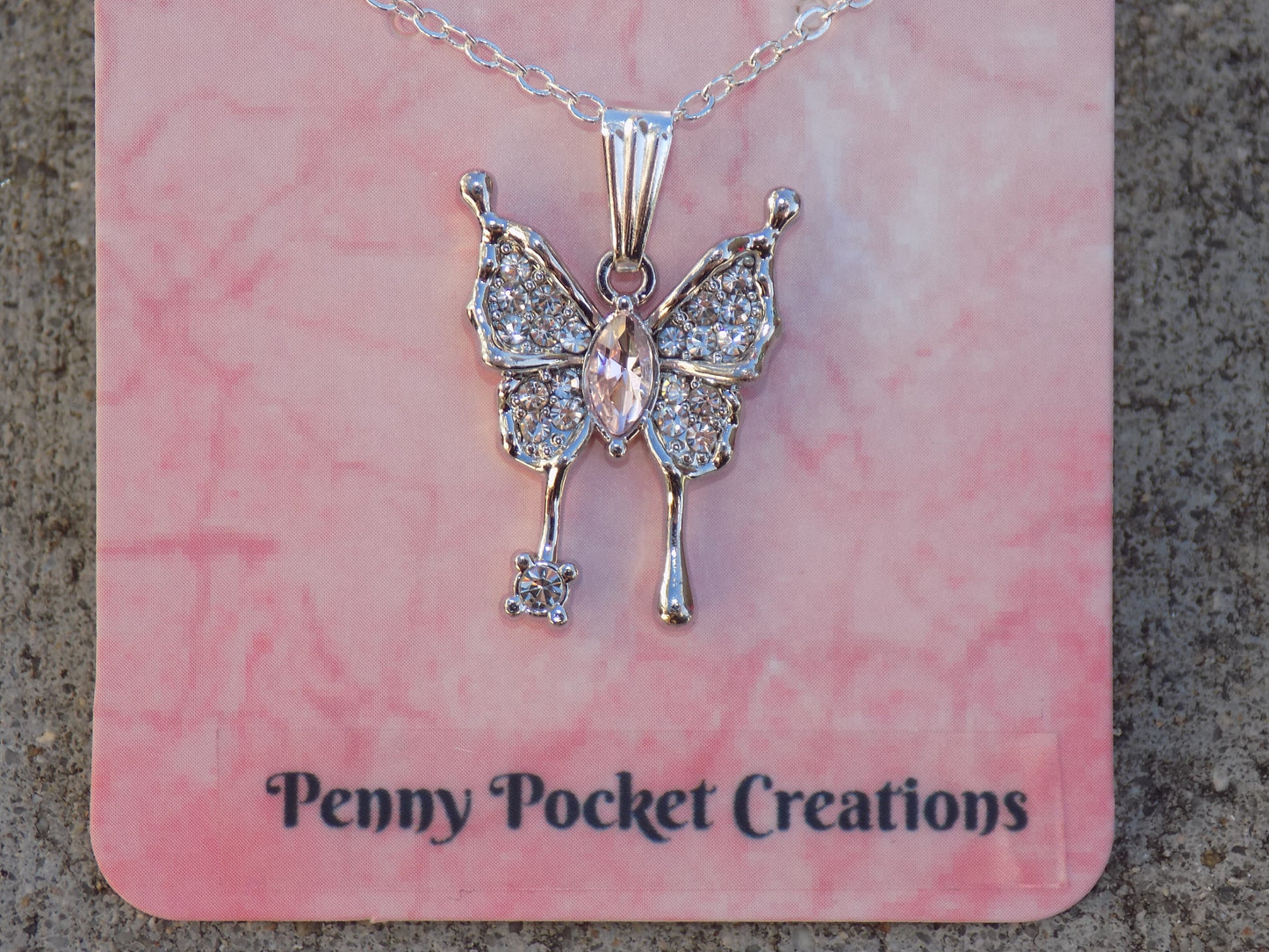 Silvery Zircon Butterfly Necklace, Light Pink Rhinestone Eye Center