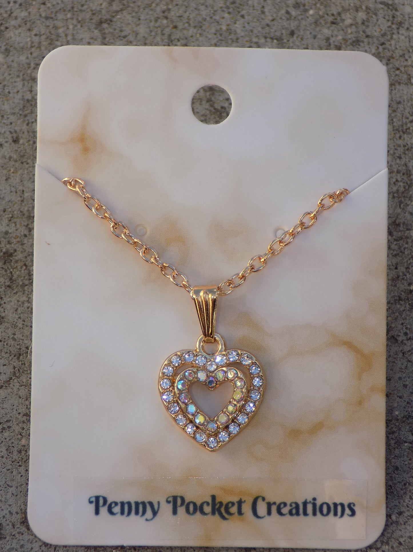 Golden Double Open Heart Rhinestone Pendant Necklace