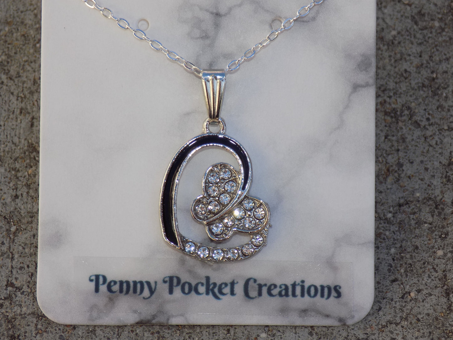 Necklace Sparkly Rhinestone Enamel Heart Butterfly Pendant Silver and Golden