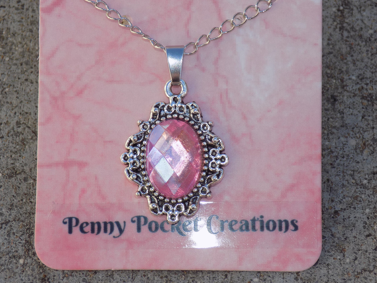 Silvery Plated Necklace Faceted 10x14mm Oval Rhinestone in 20x25mm Bezel Frame