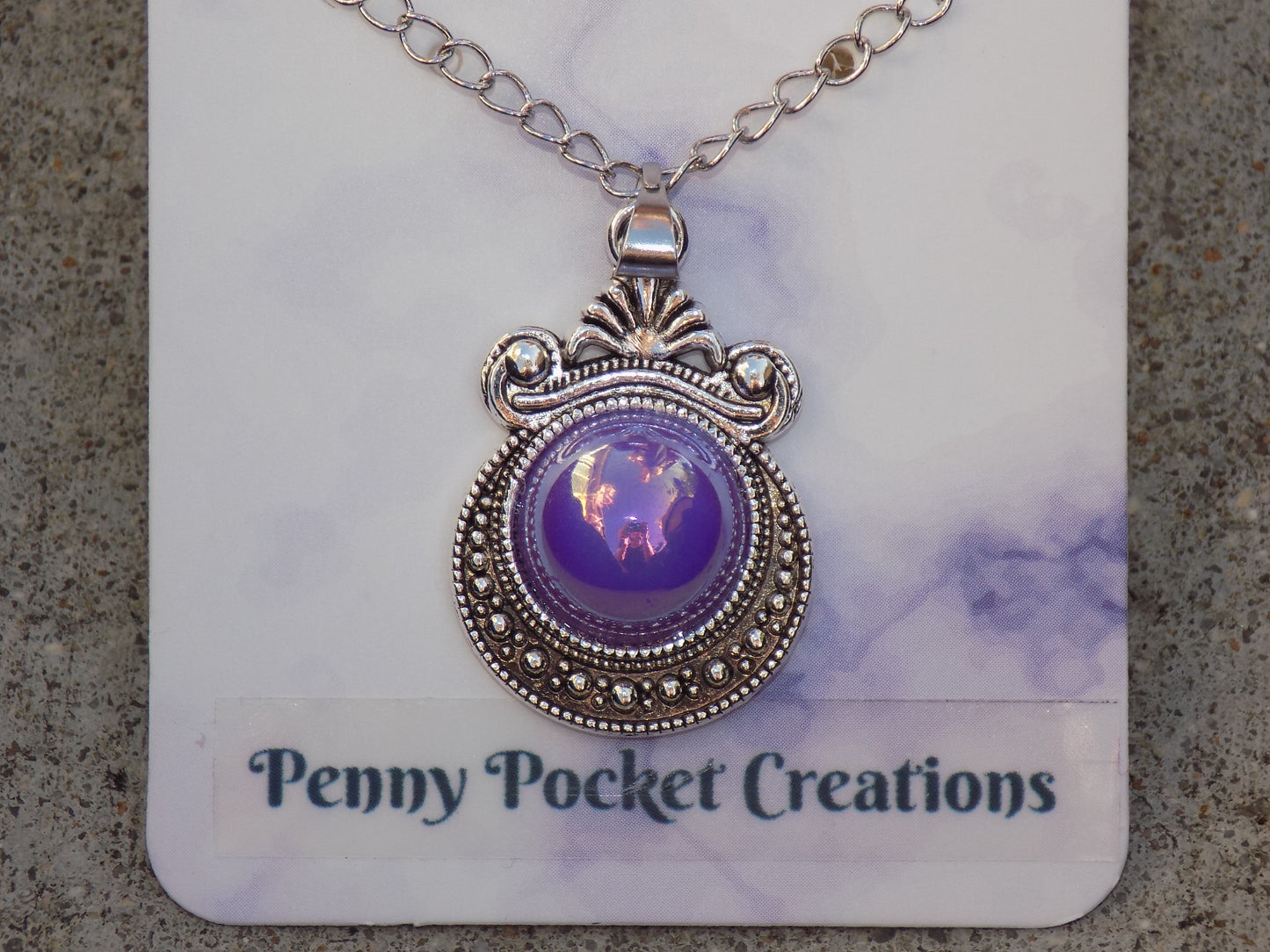 Antique Silver Necklace 12mm Pearlescent Resin Cabachon