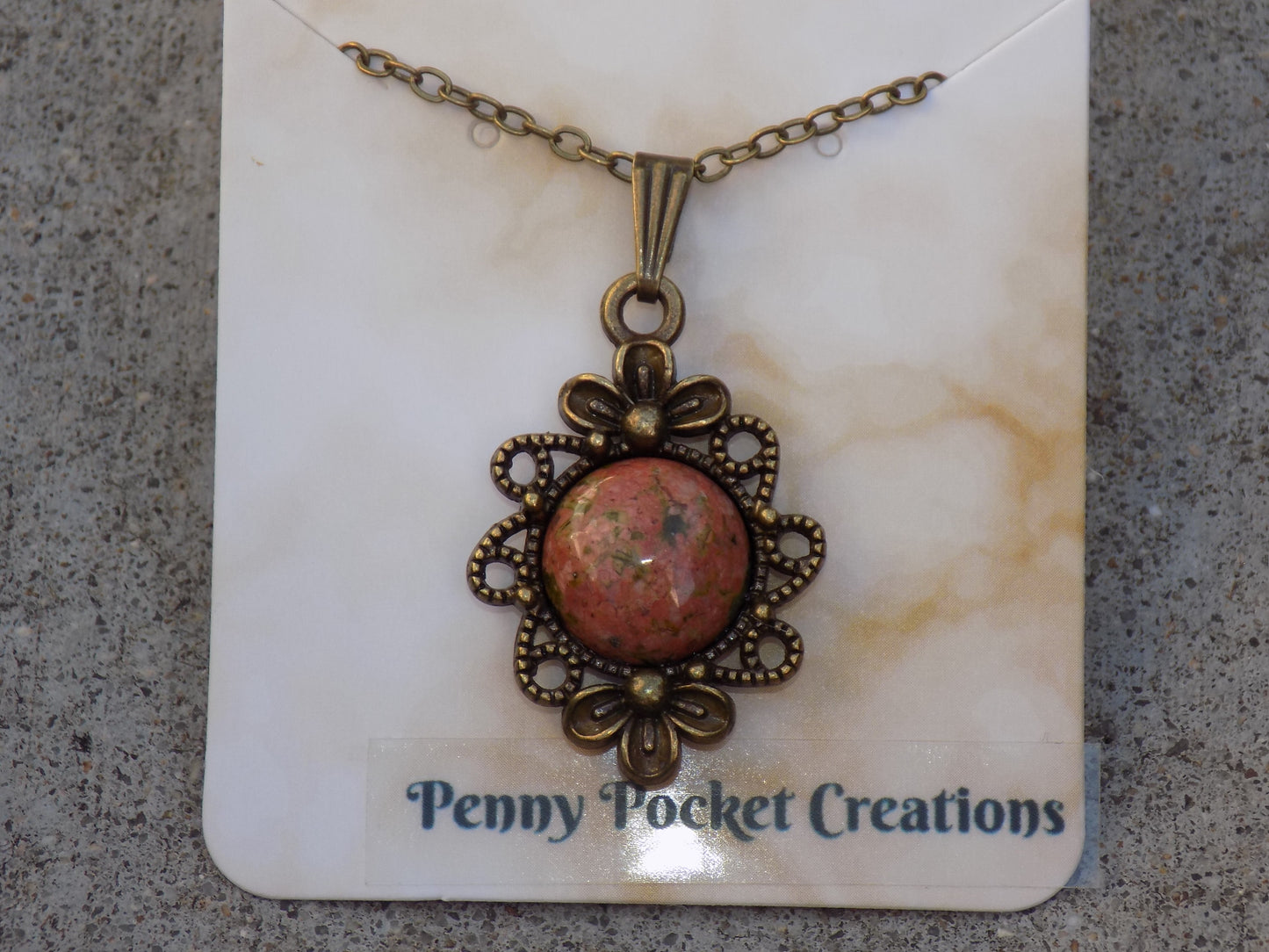 Natural Stone Necklace 12mm Round Flatback, Antique Bronze