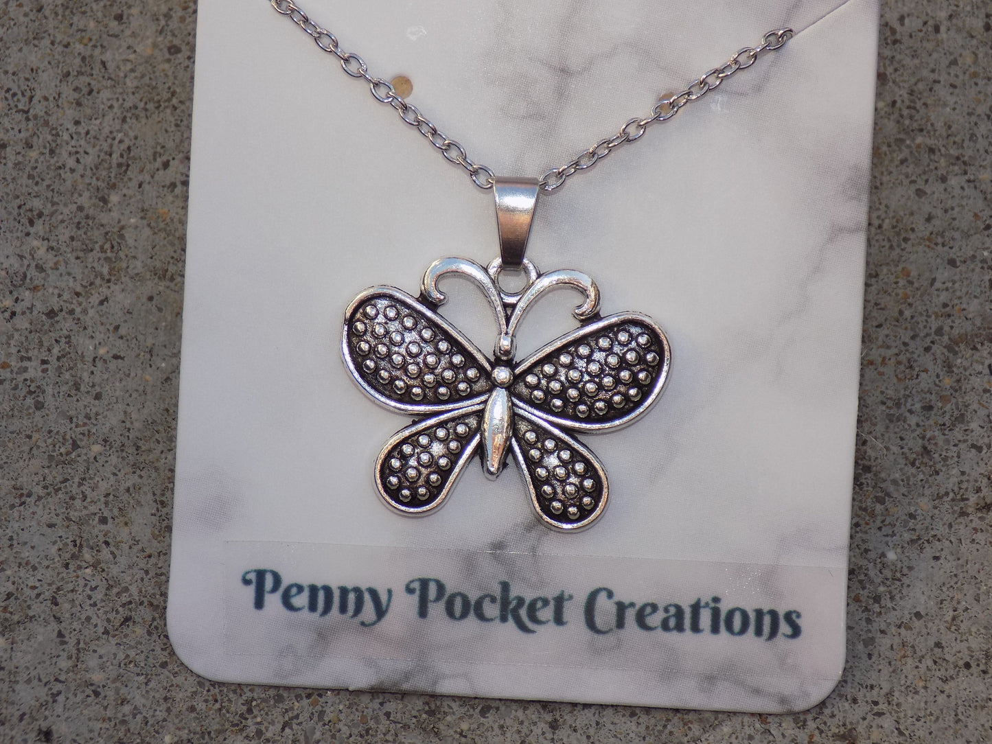 Antique Silver Butterfly Black/Silver Dot Pattern Wings Pendant Necklace