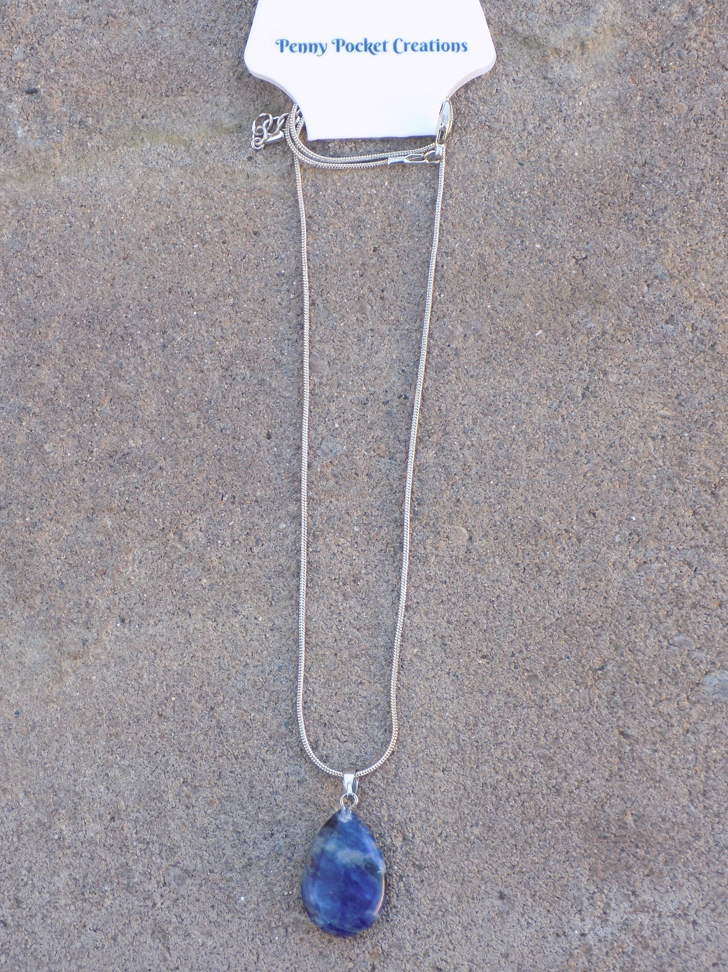Natural Stone Teardrop Pendant Silvery Snake Chain Necklace Dark Blue