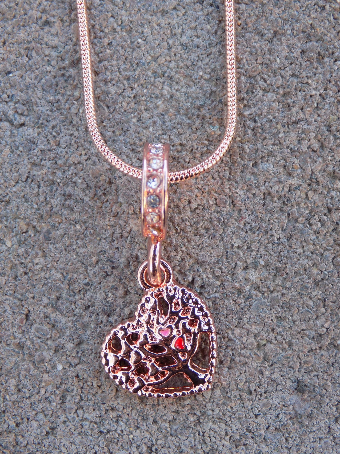 Rose Golden Pendant Charm Heart Tree Rhinestone Bail Snake Chain Necklace