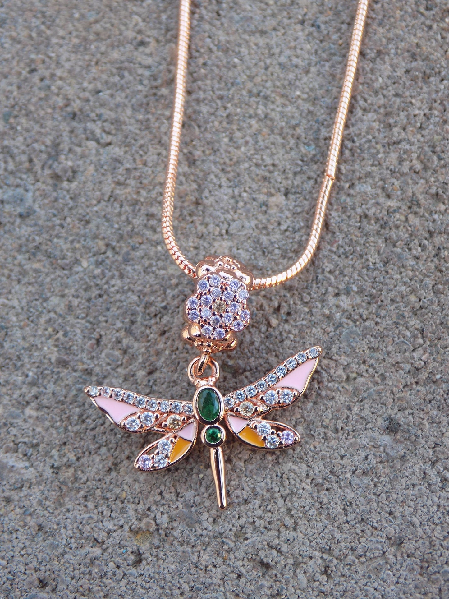 Rose Golden Dragonfly Pendant Charm Pink Zircon Snake Chain Necklace