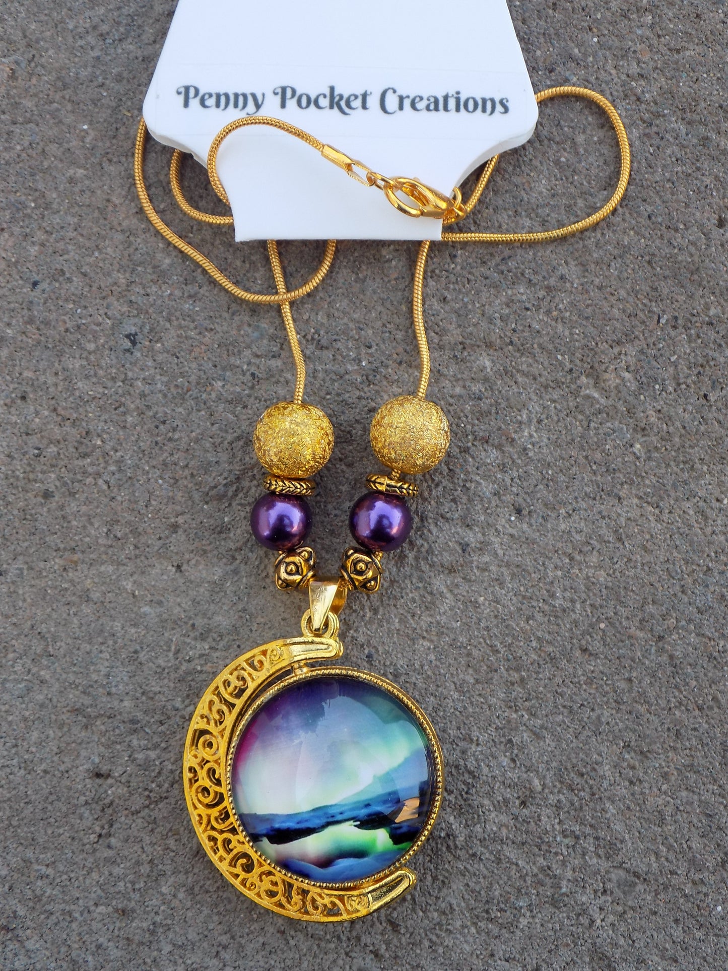 Golden Rotating 2-sided 25mm Northern Light Glass Dome Snake Chain Necklace