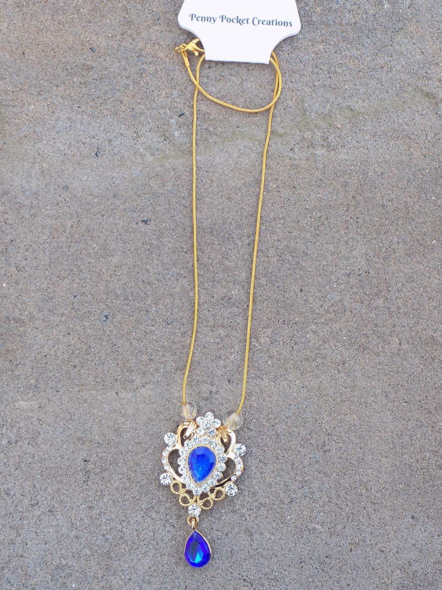 Golden Baroque Pendant Blue Teardrops Rhinestones Golden Snake Chain Necklace