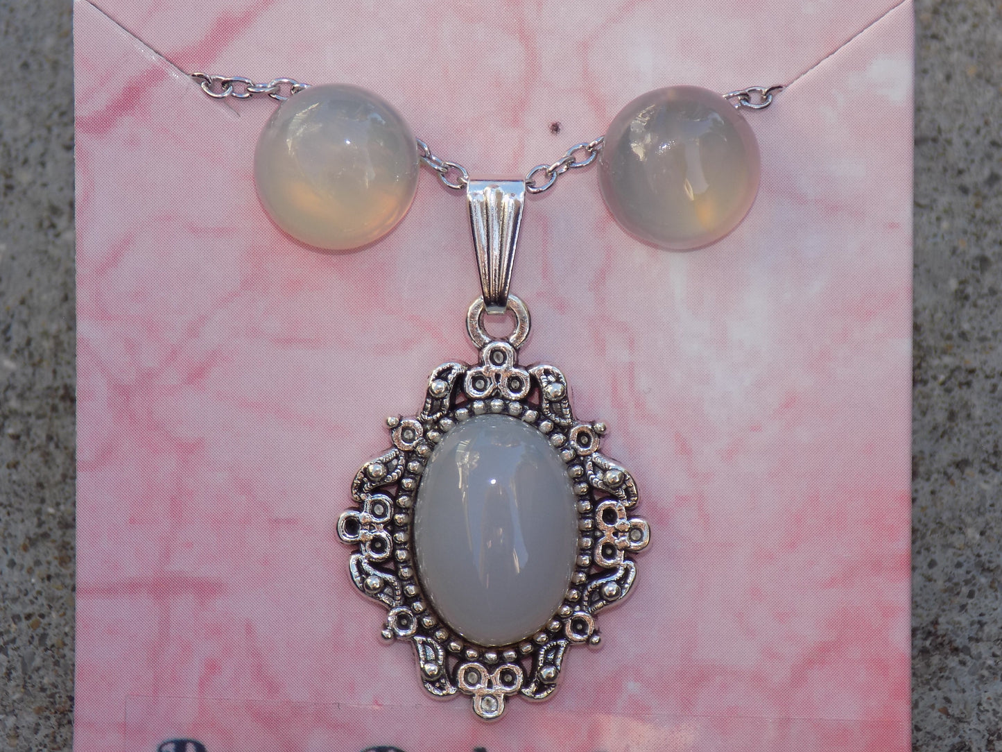 Natural Stone Necklace 110*14mm Oval Flatback, Post Earrings 10mm Flatback