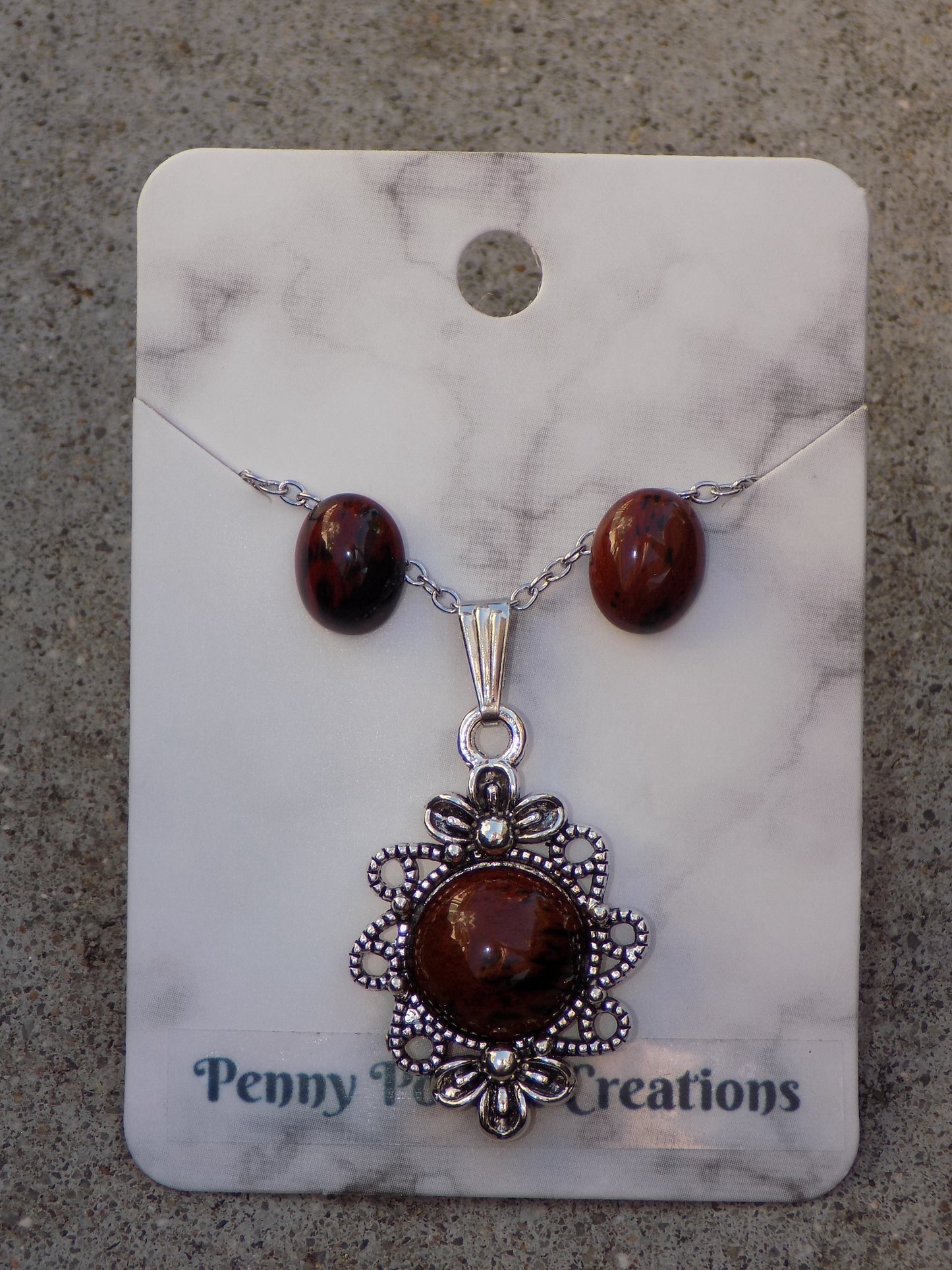 Natural Stone Necklace 12mm Round Flatback, Post Earrings 8*10mm Flatback
