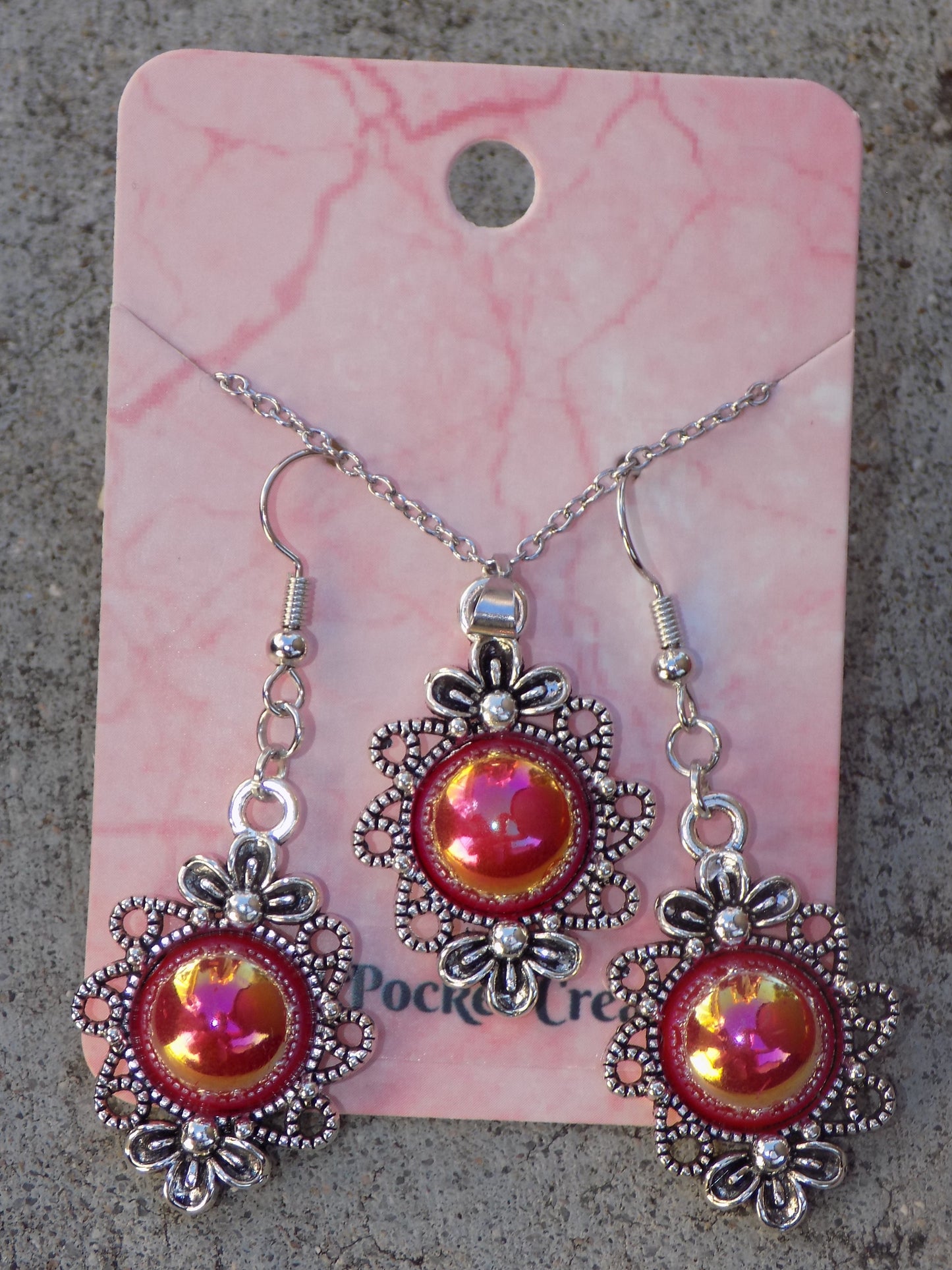 Antique Silvery Filigree Necklace Earrings 12mm Pearlescent Resin Cabachons