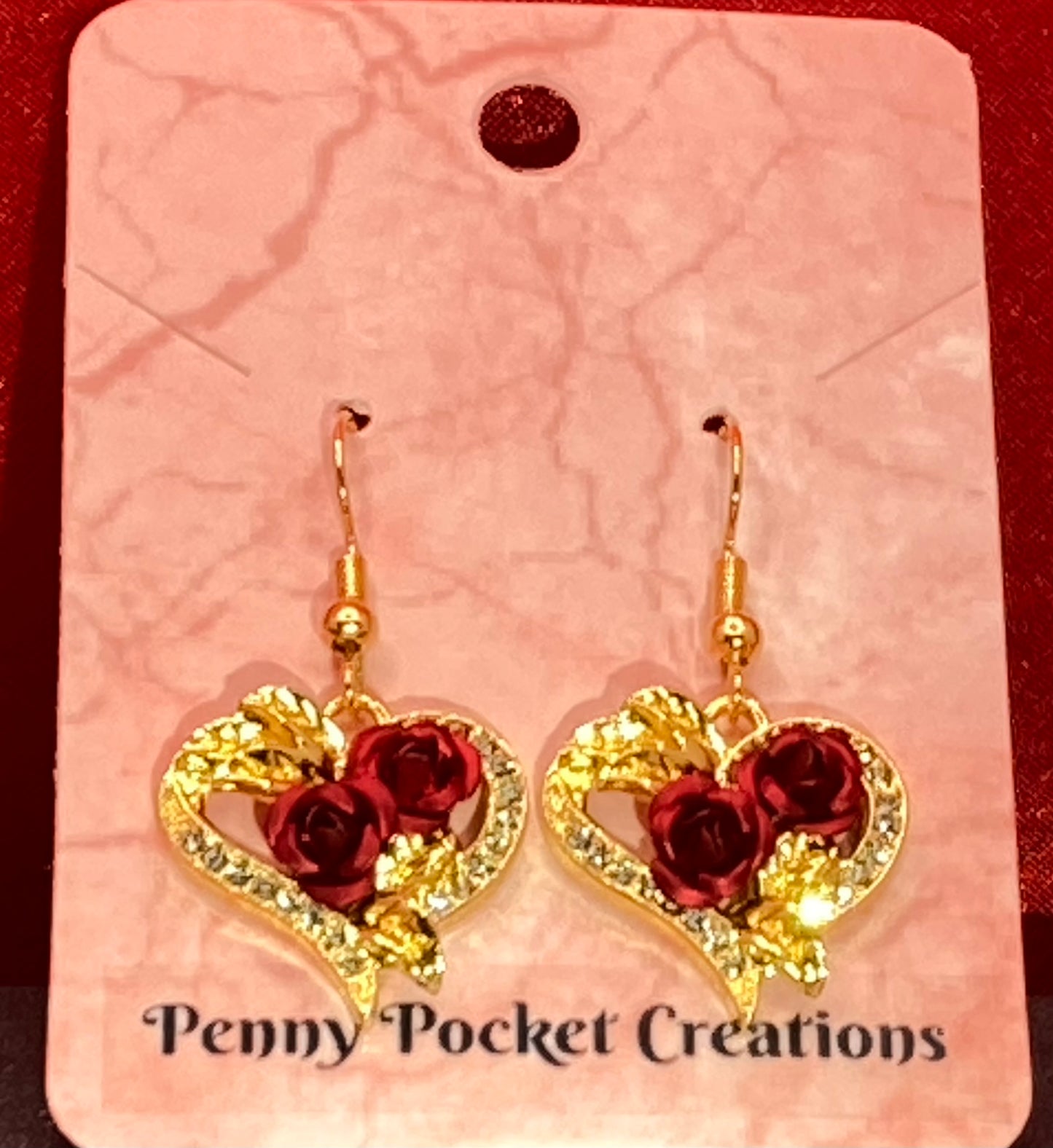 Golden Red Rose Heart Shape Dangle Earrings