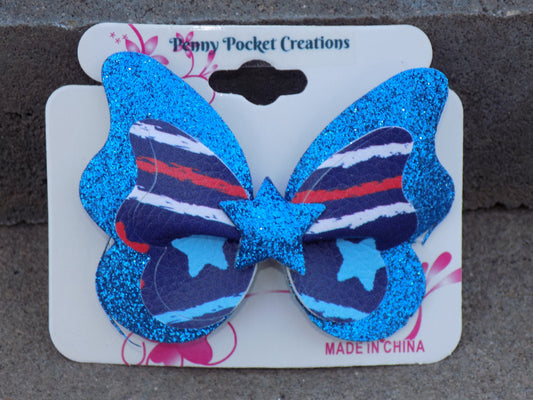 Patriotic Synthetic Leather Hair Bows Lg Single Butterfly Blue Glitter Star center