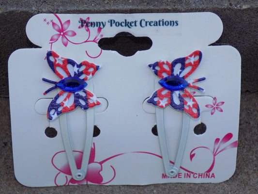 Patriotic Synthetic Leather Mini Butterfly Hair Clip RWB Pattern White background