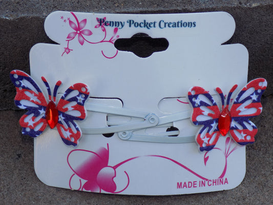 Patriotic Synthetic Leather Small Butterfly Hair Clip White Background Red Center
