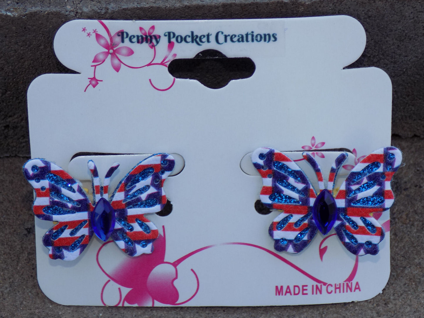 Patriotic Synthetic Leather Small Butterfly Hair Clip Blue Glitter Cutouts Rhinestone