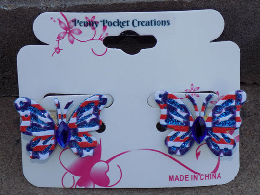 Patriotic Synthetic Leather Small Butterfly Hair Clip Blue Glitter Cutouts Rhinestone