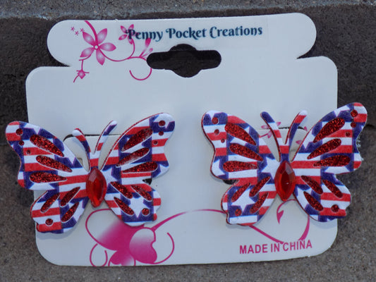 Patriotic Synthetic Leather Med Butterfly Hair Clip 2-Layer Glitter Cutouts Rhinestone