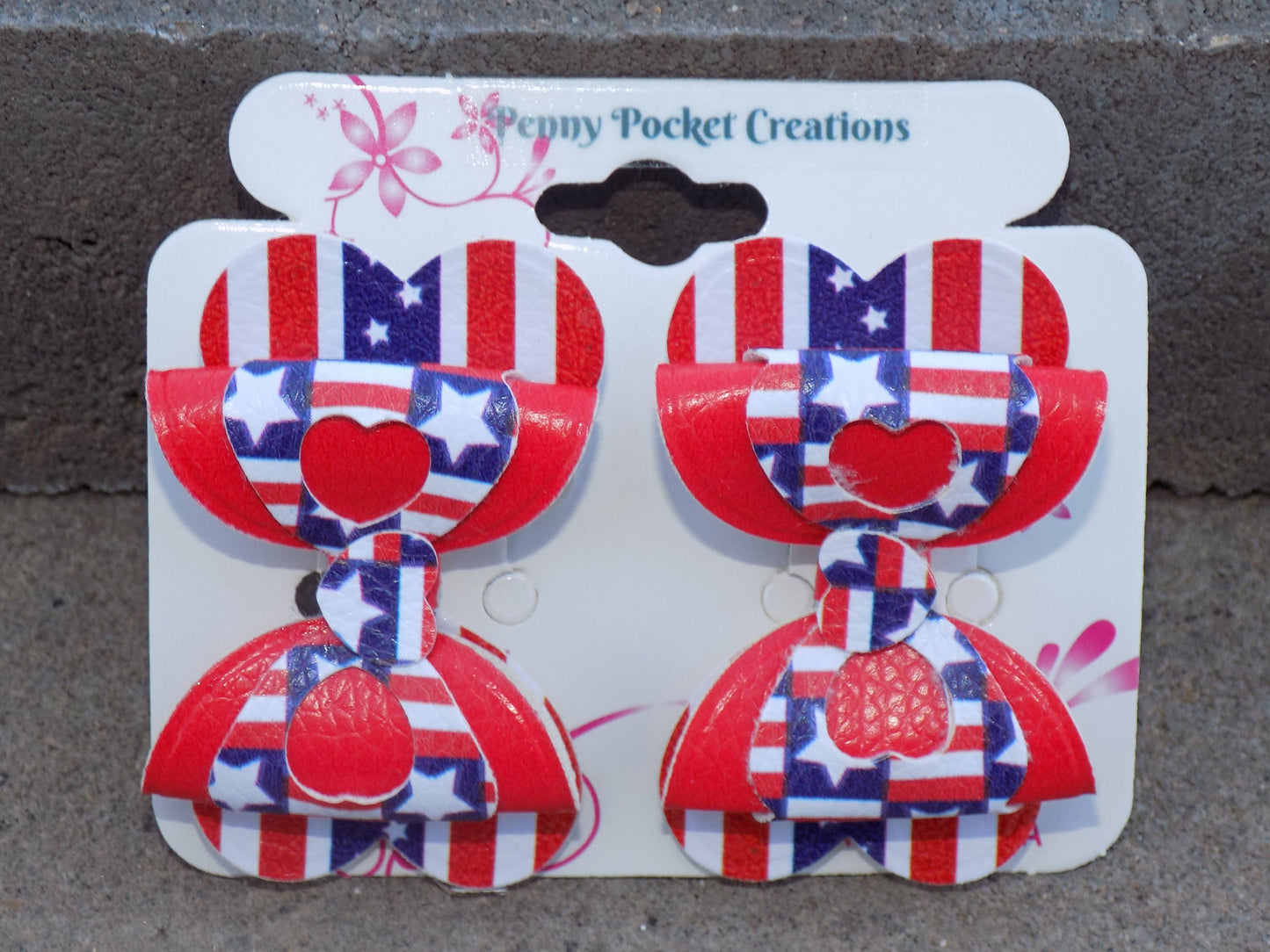 Patriotic Synthetic Leather Hair Bows 3-Layer Heart Cutout & back shape, 2 options