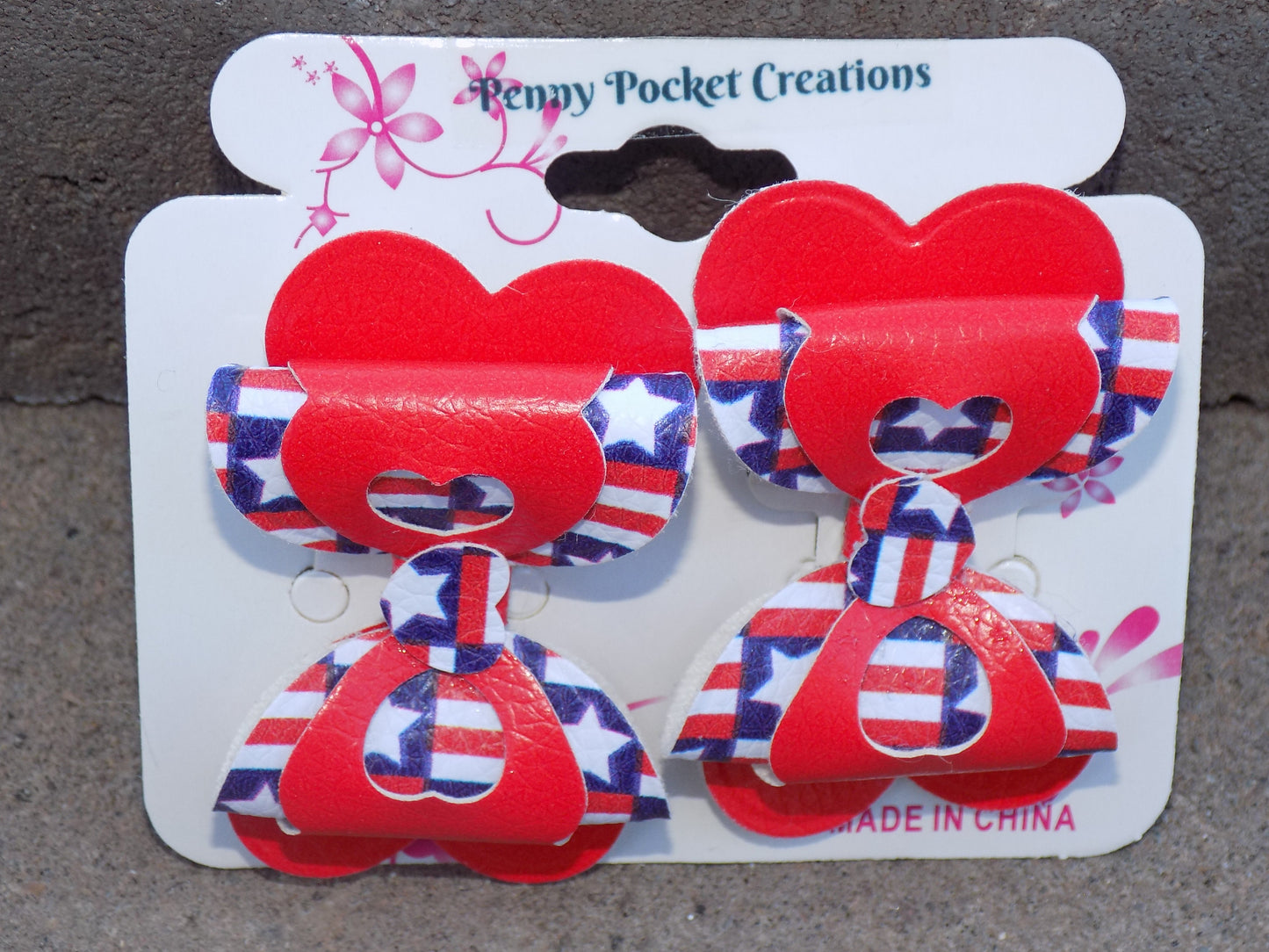 Patriotic Synthetic Leather Hair Bows 3-Layer Heart Cutout & back shape, 2 options